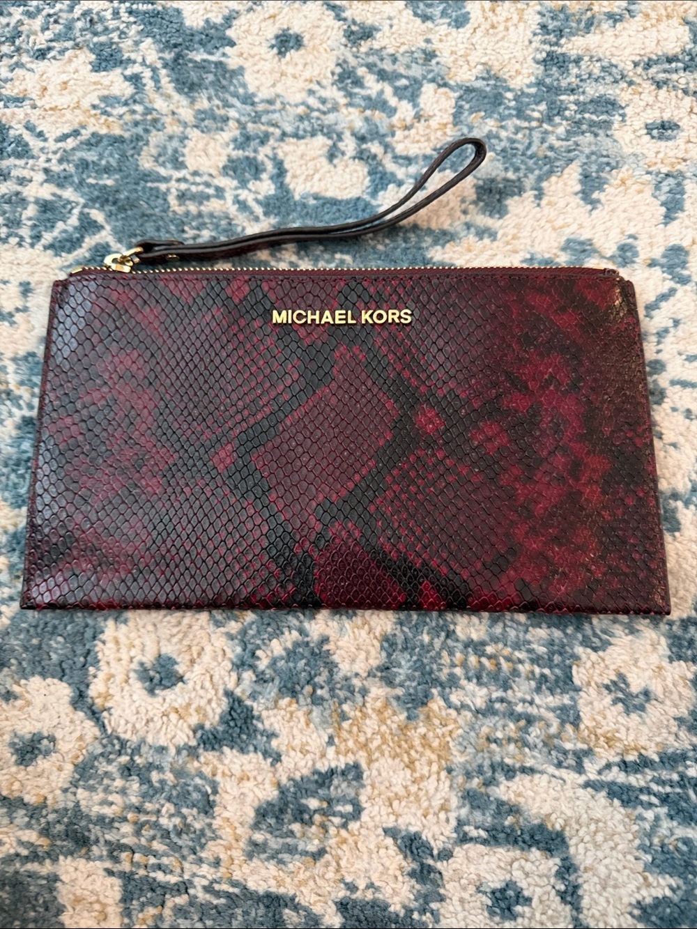 Michael Kors Deep Burgundy Snake-Print Wristlet with Gold Logo